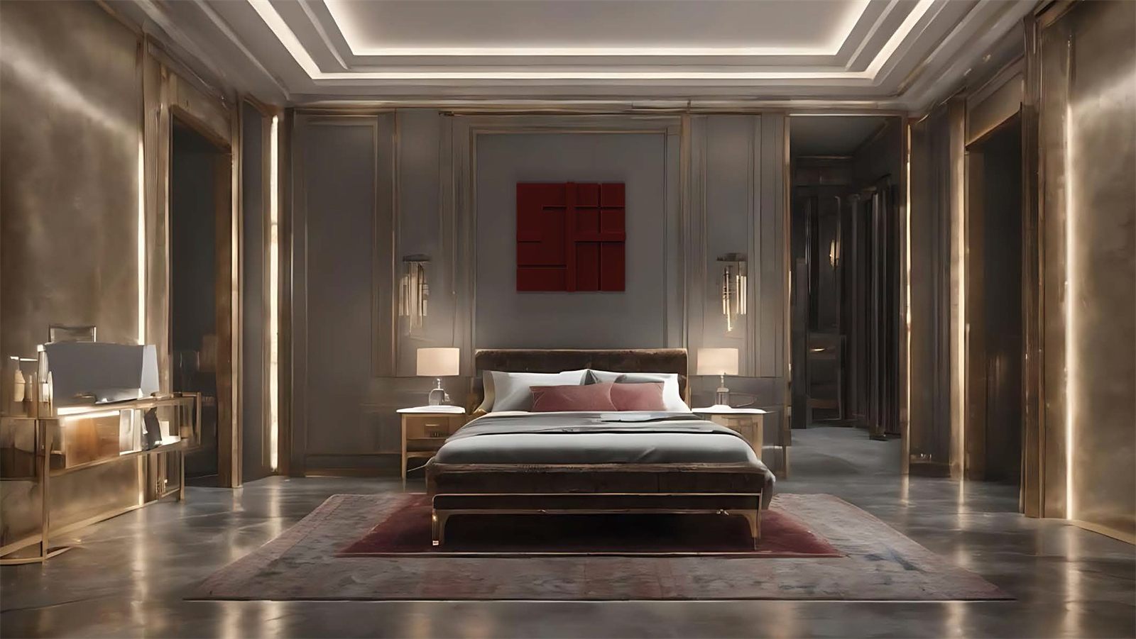 Panou TAI-LOR roșu, montat deasupra patului într-o cameră de hotel